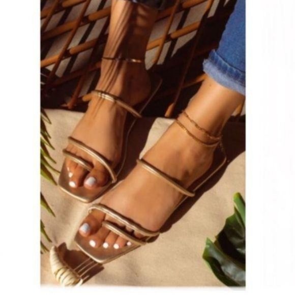 Shoes - Square Toe Strappy Slide Sandals in Light Gold